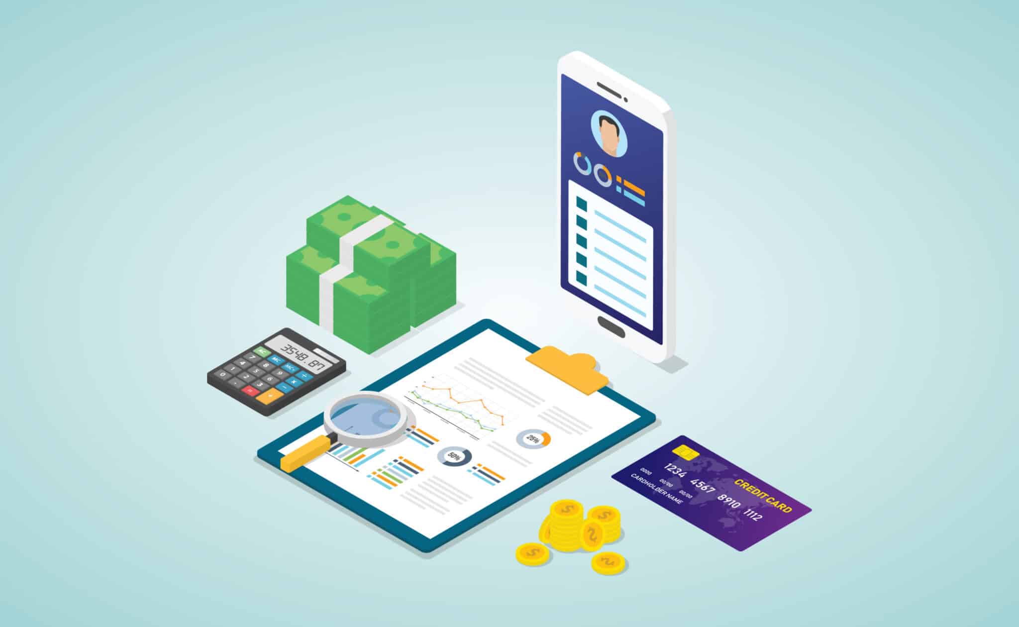 Chart showing personal finance concept with biodata profile analysis report with some financial data with modern isometric flat style – vector
