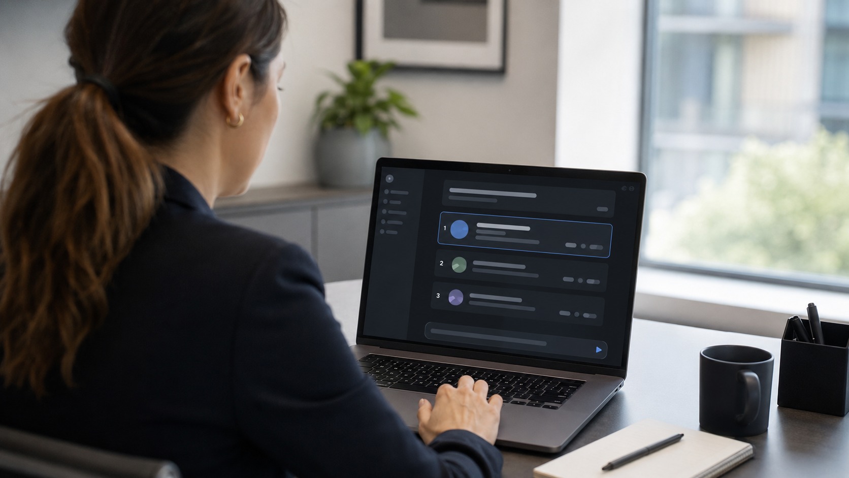 Woman at a laptop reviewing an AI assistant's ranked shortlist of vendor recommendations