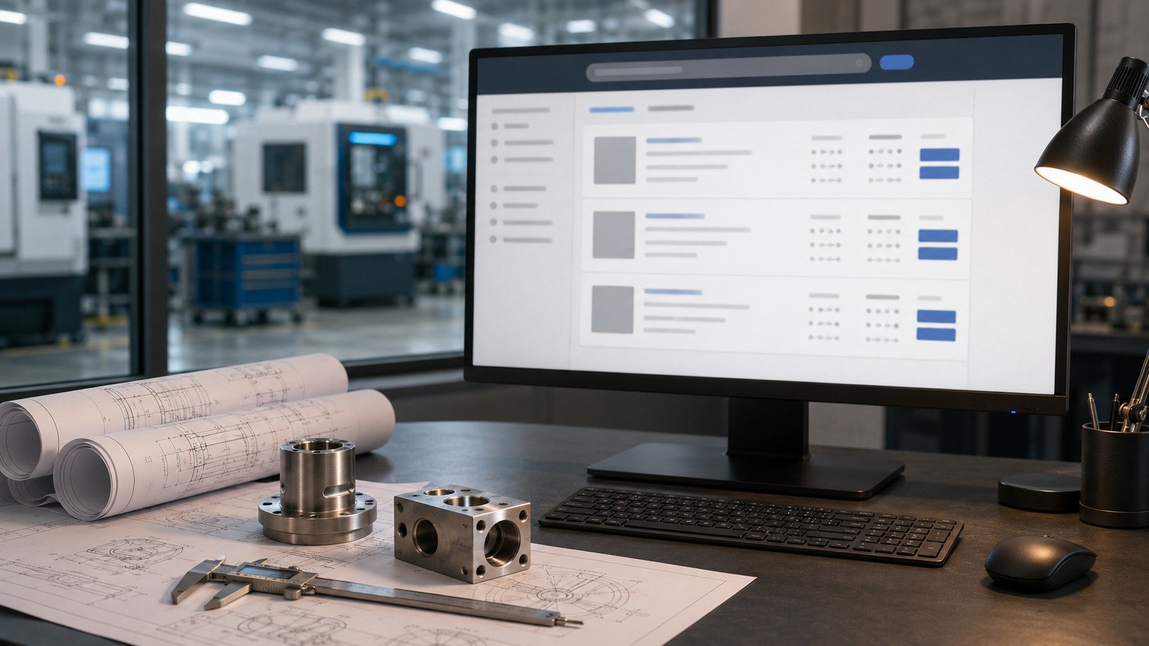 Manufacturing engineer's desk with technical blueprints, precision machined parts, and a monitor displaying search results — representing a manufacturing marketing strategy built around buyer search behavior