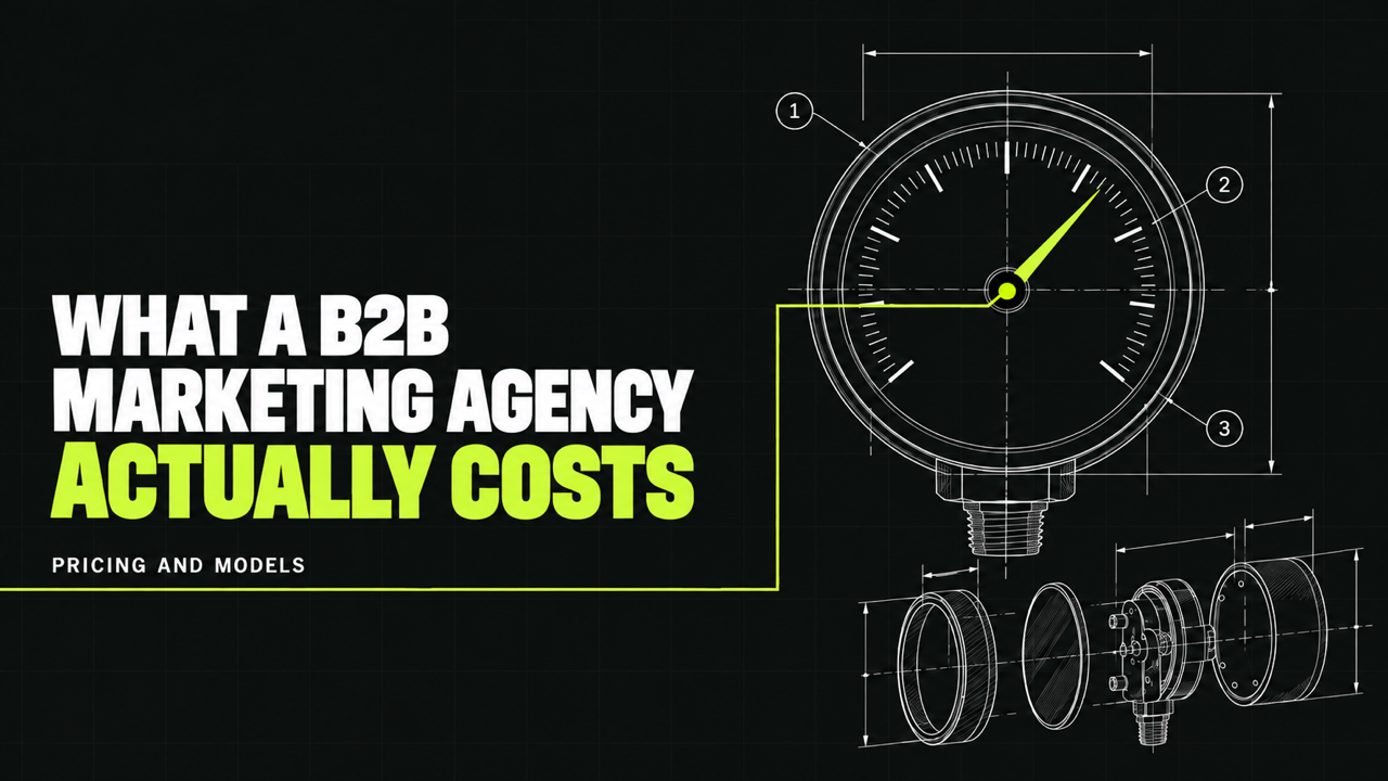 What a B2B marketing agency actually costs: pricing and models, illustrated with an engineering drawing of a pressure gauge.