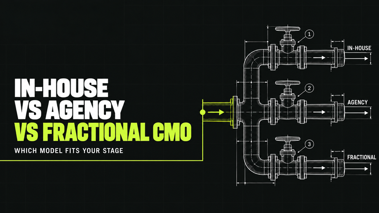 In-house vs agency vs fractional CMO: which model fits your stage, illustrated with three branching pipelines.